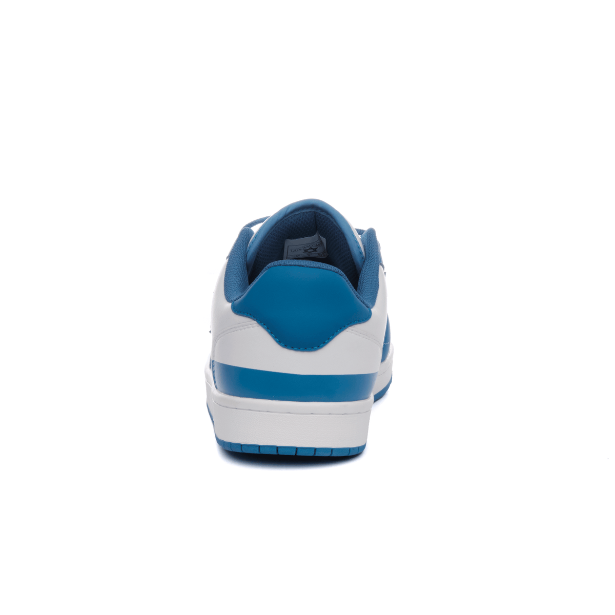Air Maccabees Low Top sneaker in blue and white, rear view.