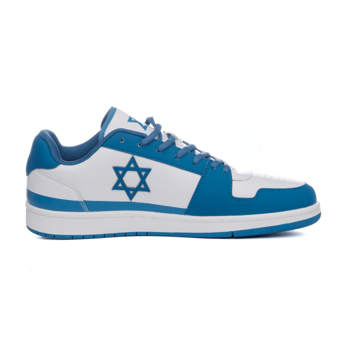 Air Maccabees Low Top sneaker in blue and white, side profile with toe facing right and Star of David emblem.