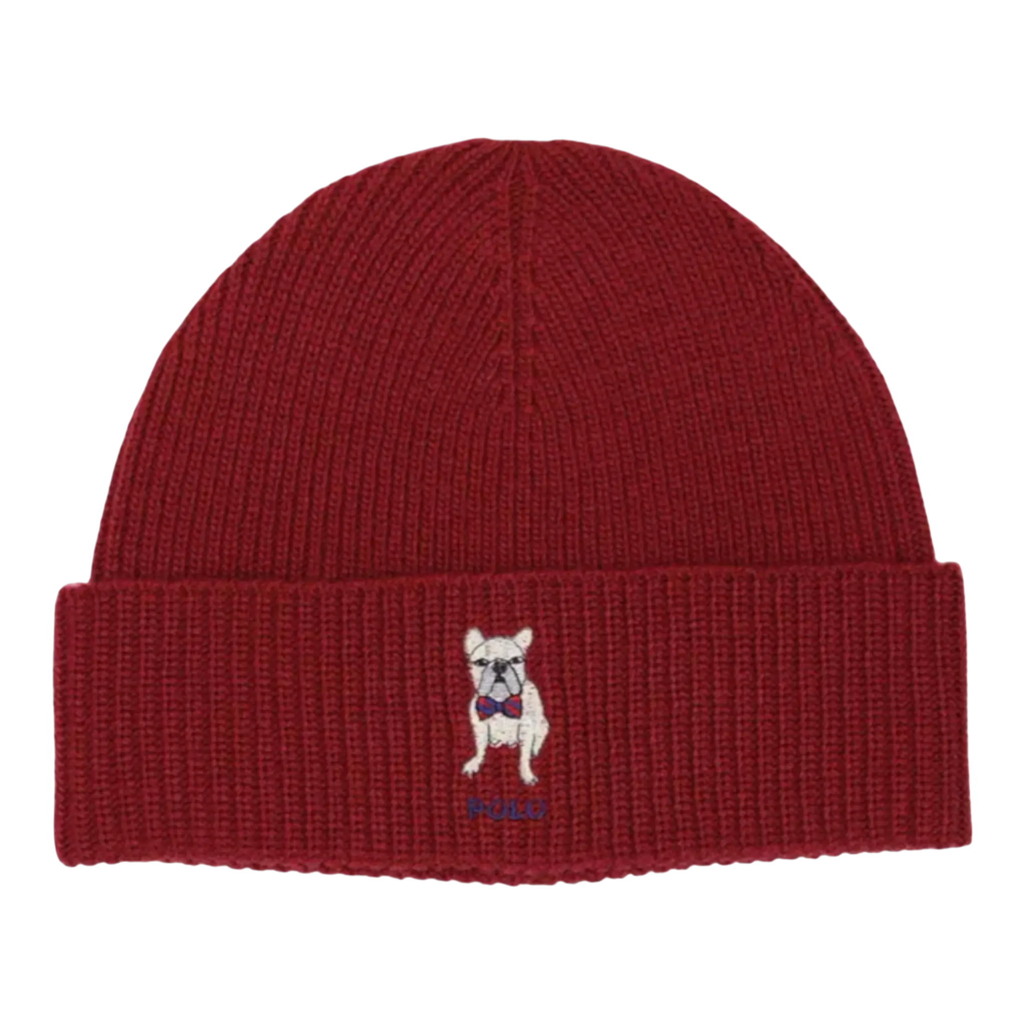 Polo Ralph Lauren Embroidered Frenchie Rib-Knit Women Beanie Holiday Red