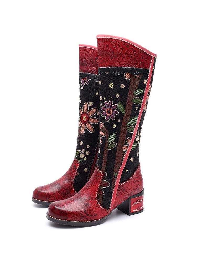 Bohemian Leather Block Heel Long Boots – product view 2