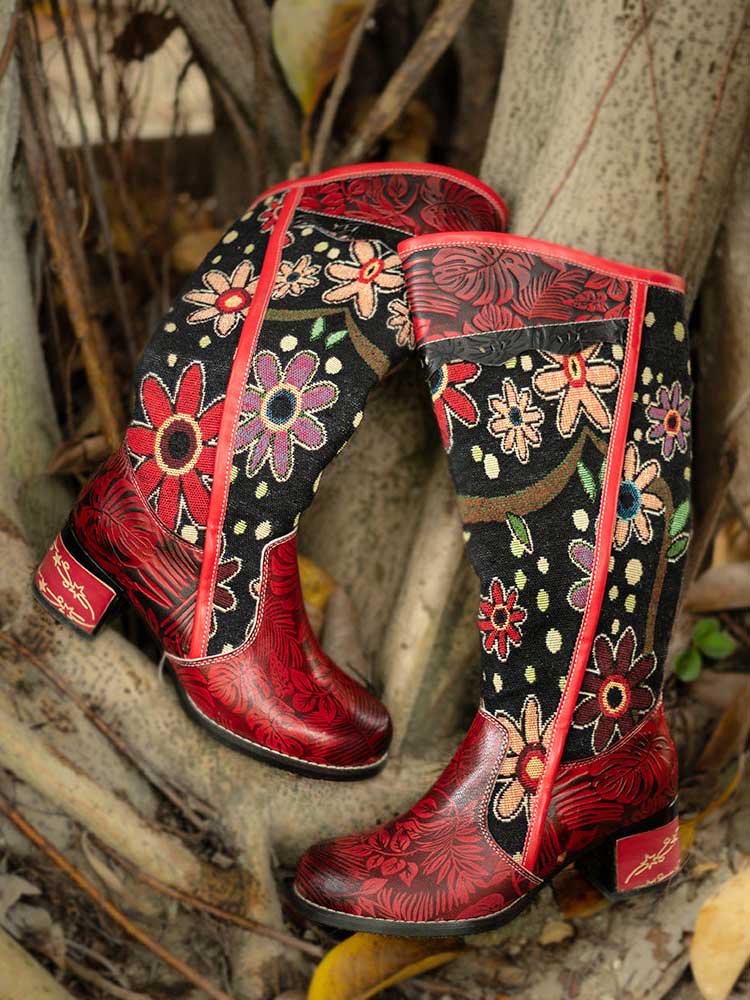 Bohemian Leather Block Heel Long Boots – product view 10