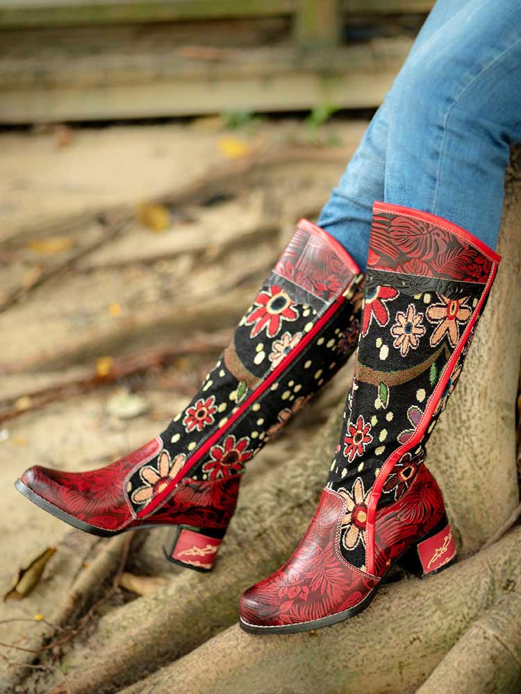 Bohemian Leather Block Heel Long Boots – product view 8