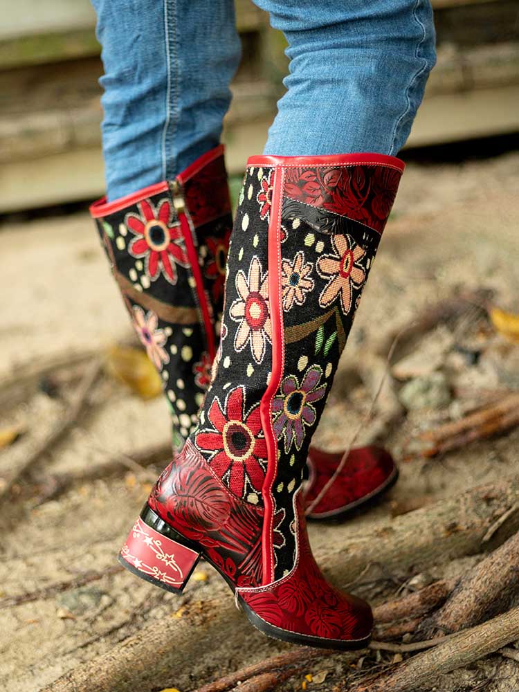 Bohemian Leather Block Heel Long Boots – product view 9