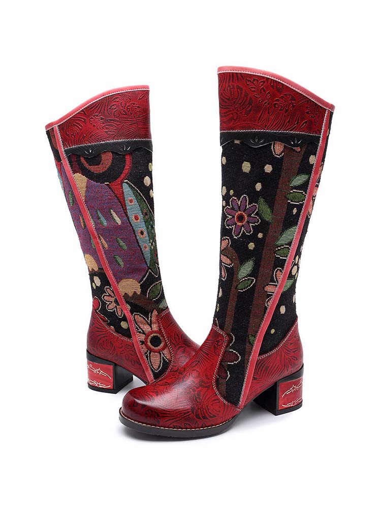 Bohemian Leather Block Heel Long Boots – product view 3