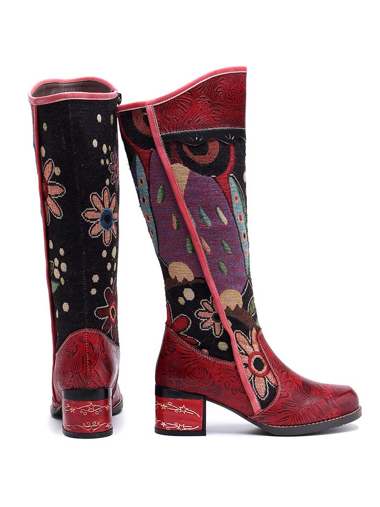 Bohemian Leather Block Heel Long Boots – product view 4