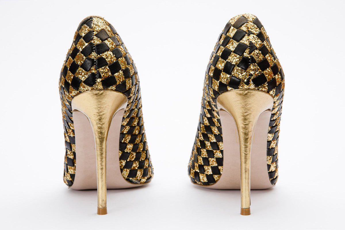 Vinci Leather The Saks Tory Gold & Black Handwoven Leather Pump Women Shoe – product view 3
