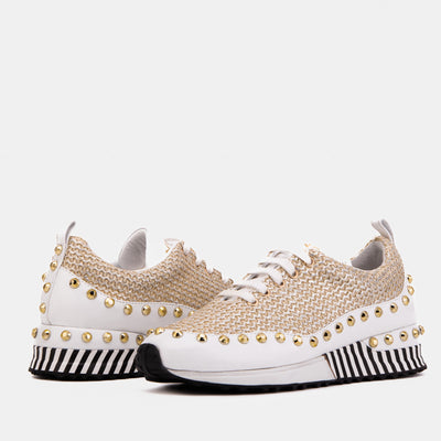 The Aurelia White Gold Woven Leather Women Sneaker