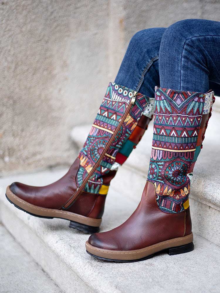 Bohemian Leather Splicing Pattern High Tube Boots – product view 6