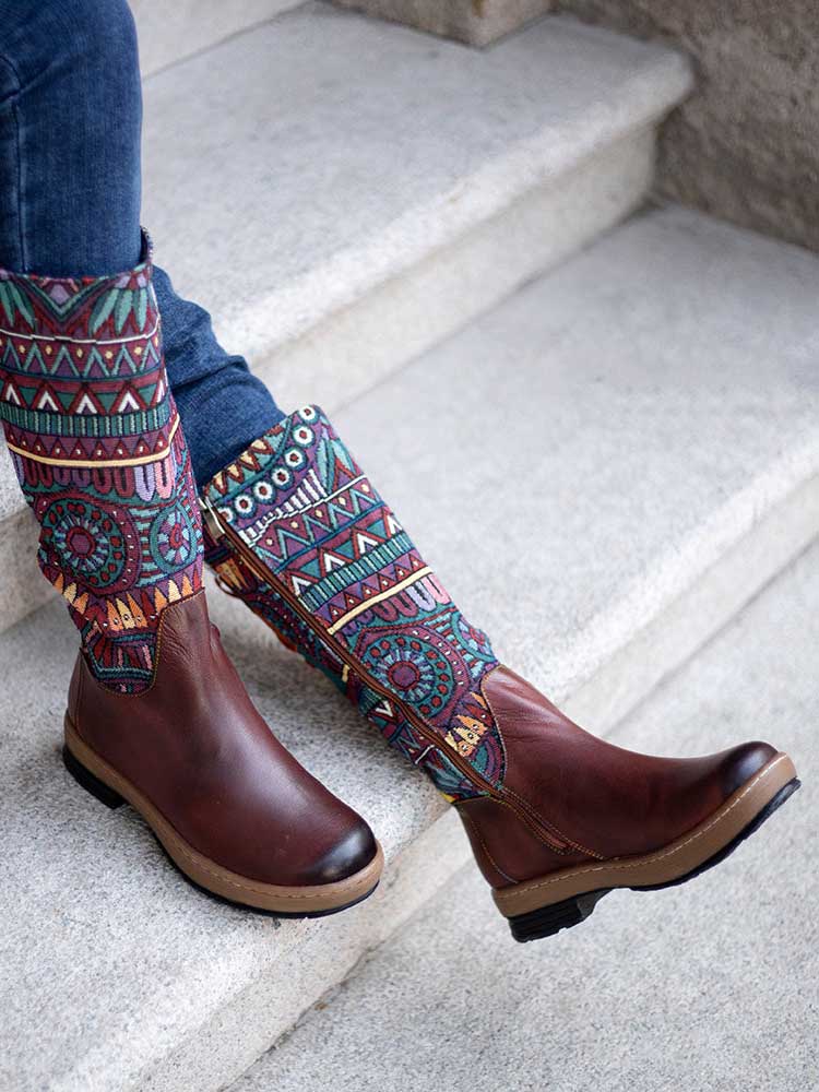 Bohemian Leather Splicing Pattern High Tube Boots – product view 7