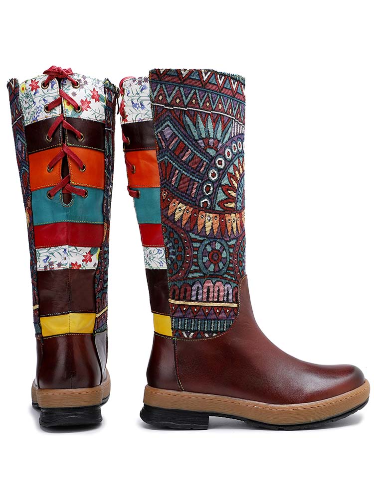 Bohemian Leather Splicing Pattern High Tube Boots – product view 4