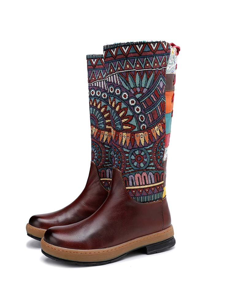 Bohemian Leather Splicing Pattern High Tube Boots – product view 2