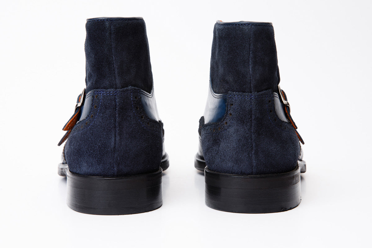Vinci Leather The Albus Navy Blue Leather & Suede Double Strap Monk Brogue Men Boot – product view 4