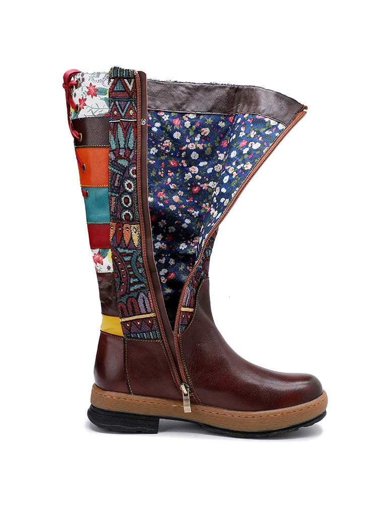 Bohemian Leather Splicing Pattern High Tube Boots – product view 5