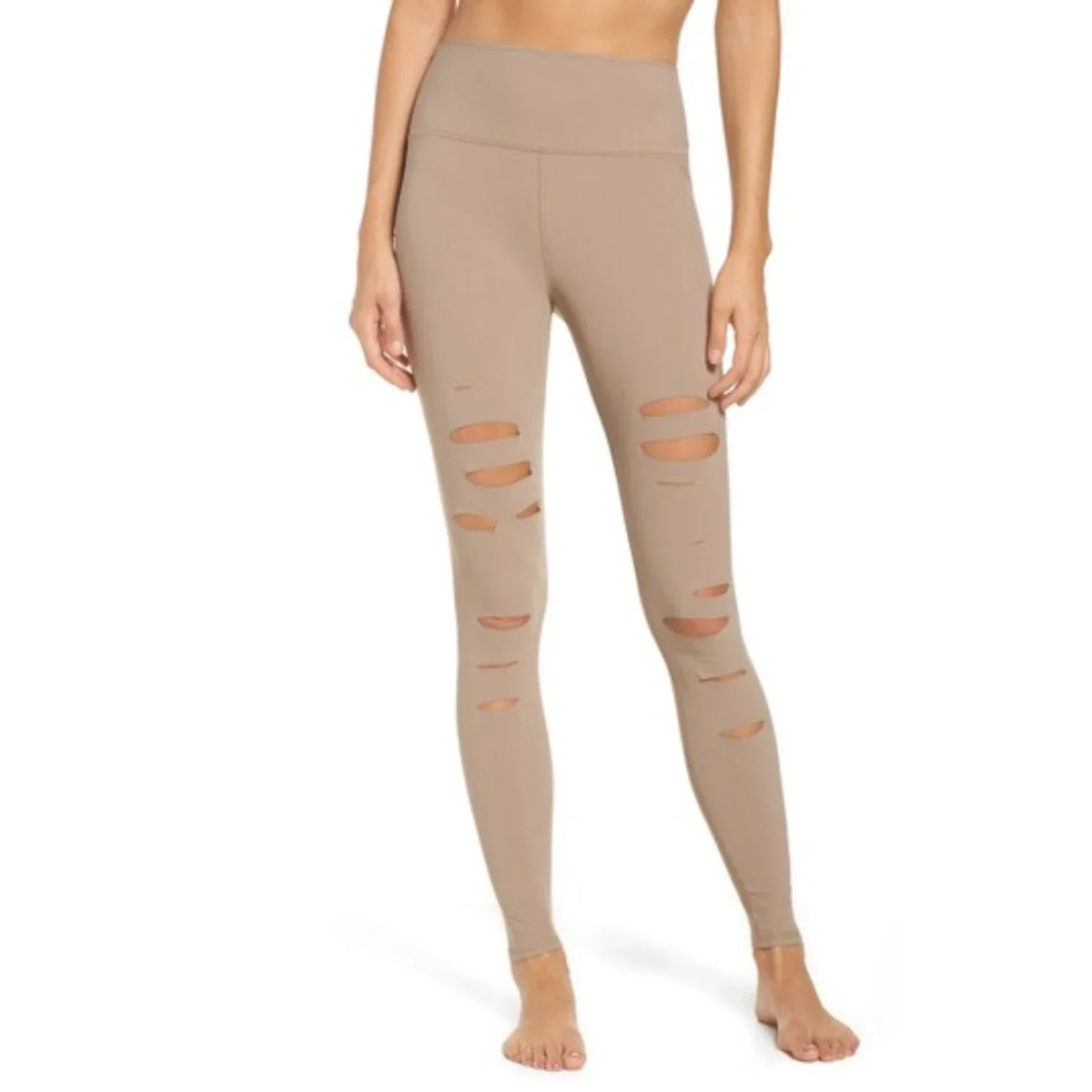 Alo Yoga High-Waist Ripped Warrior Womens Leggings — Gravel