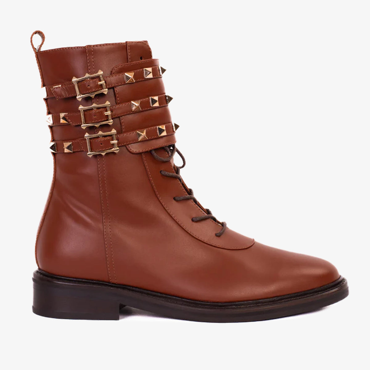 Vinci Leather The Doncaster Brown Leather Lace-Up Mid Calf Women Boot With a Side Zipper – product view 1