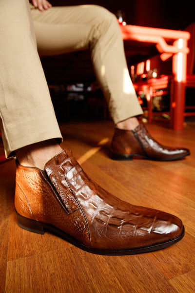 The Randor Brown Croc-Embossed Calf Leather Side-Zip Dress Ankle Men Boot