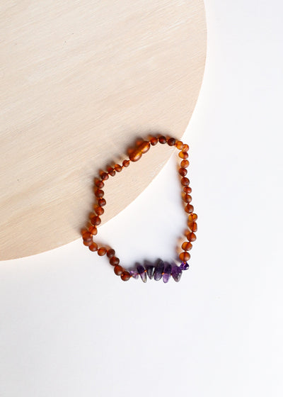 Raw Cognac Baltic Amber + Raw Amethyst || Necklace