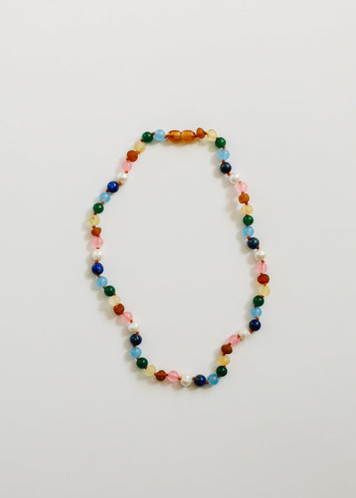 Raw Baltic Amber and Pearl Necklace + Sweet Pink Gemstones
