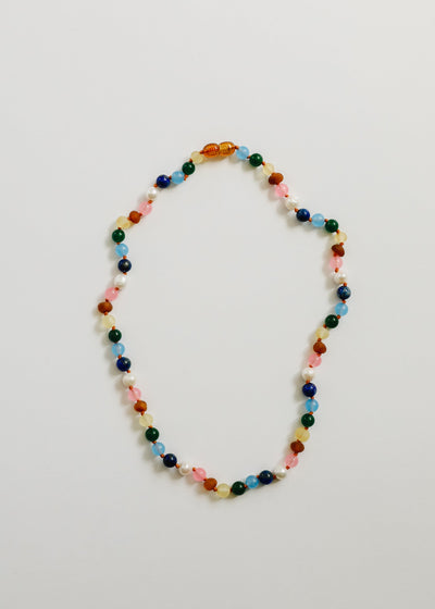 Raw Baltic Amber and Pearl Necklace + Sweet Pink Gemstones