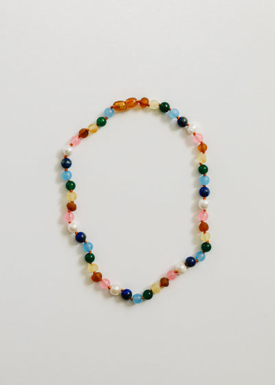 Raw Baltic Amber and Pearl Necklace + Sweet Pink Gemstones