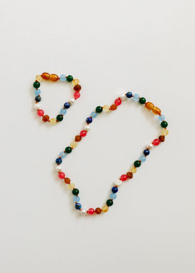 Raw Baltic Amber and Pearl Bracelet + Bright Pink Gemstones