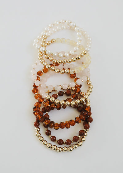 Rose Quartz : 14k Gold Filled Sun + Moon || Stretch Bracelets