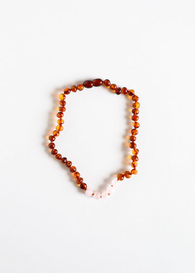 Polished Cognac Baltic Amber + Rose Quartz || Necklace