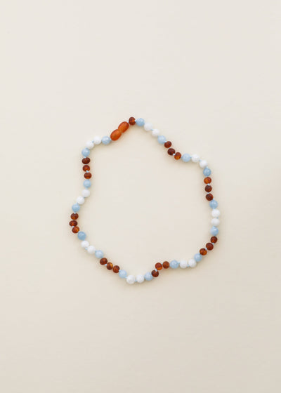 Raw Cognac Baltic Sea Amber + Moonstone + Aquamarine || Gemstone Necklace