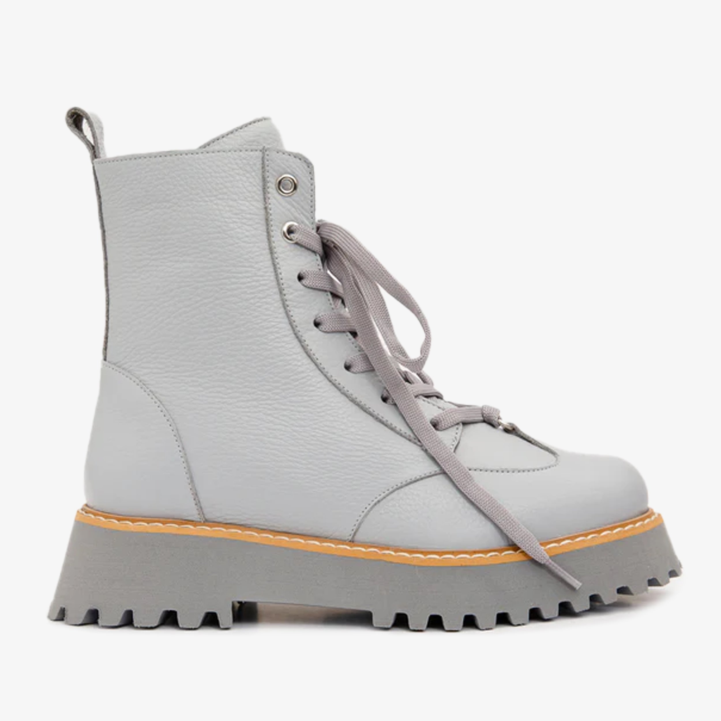 The Yildiz Gray Leather Lace-Up Ankle Women Boot With a Side Zipper