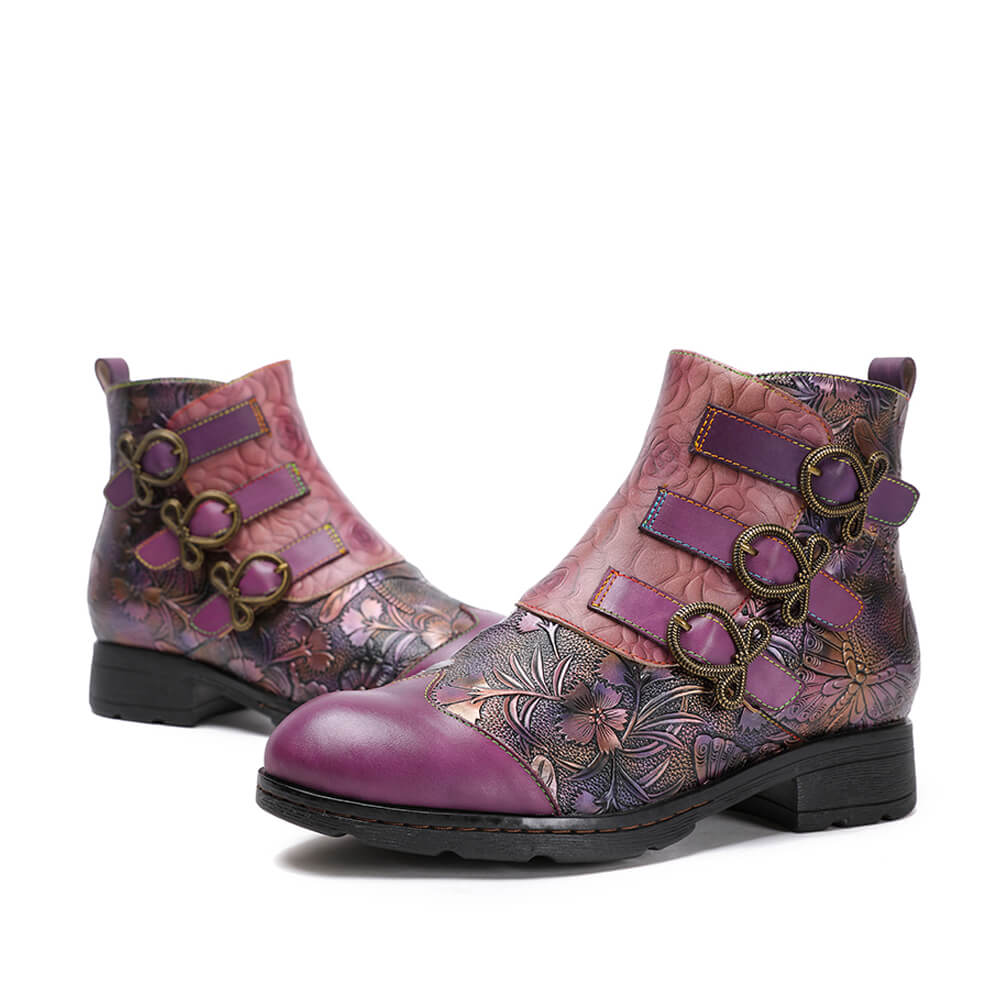 Retro Handmade Leather Painted Floral Flats Boots – product view 3
