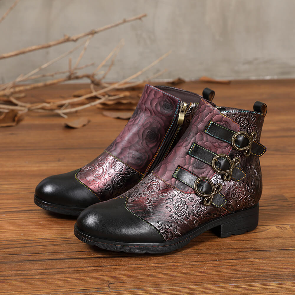 Retro Handmade Leather Painted Floral Flats Boots – product view 32