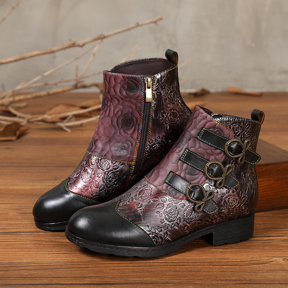 Retro Handmade Leather Painted Floral Flats Boots – product view 35