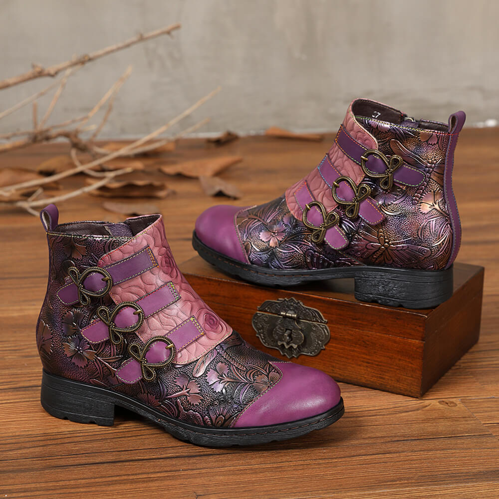 Retro Handmade Leather Painted Floral Flats Boots – product view 10
