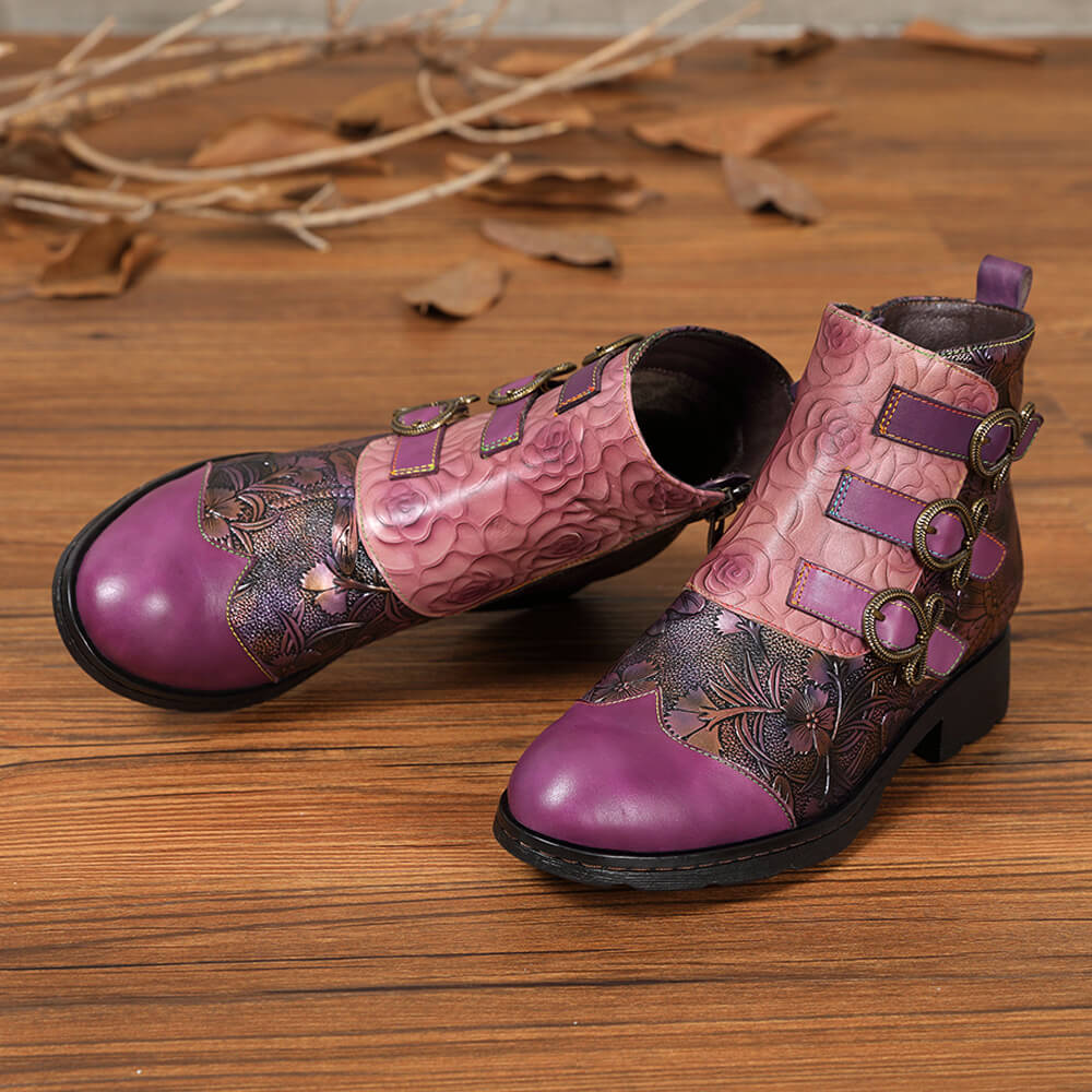 Retro Handmade Leather Painted Floral Flats Boots – product view 11