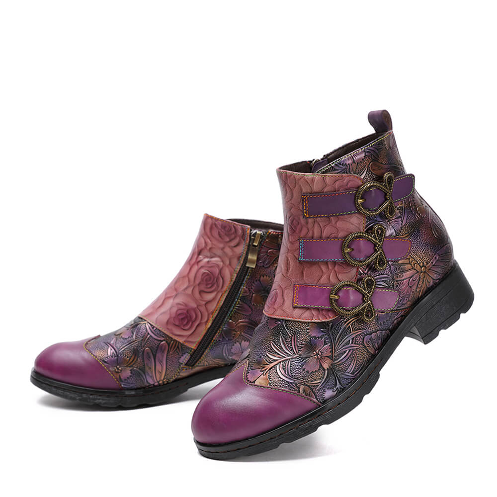 Retro Handmade Leather Painted Floral Flats Boots – product view 4