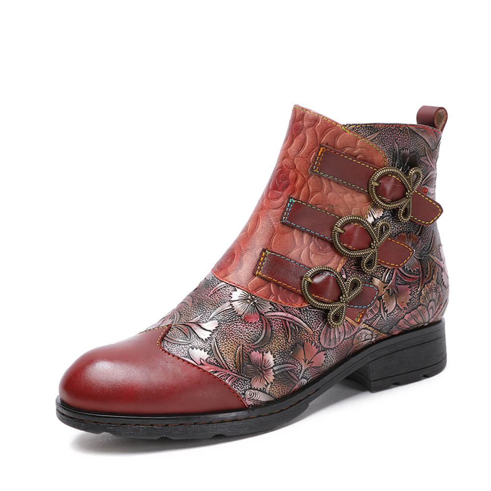 Retro Handmade Leather Painted Floral Flats Boots – product view 17