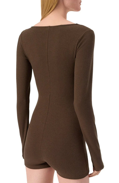 Alo Yoga Romper Rib 1 2 Zip Long Sleeve One Piece Women's Sneakers — Brown/Heather