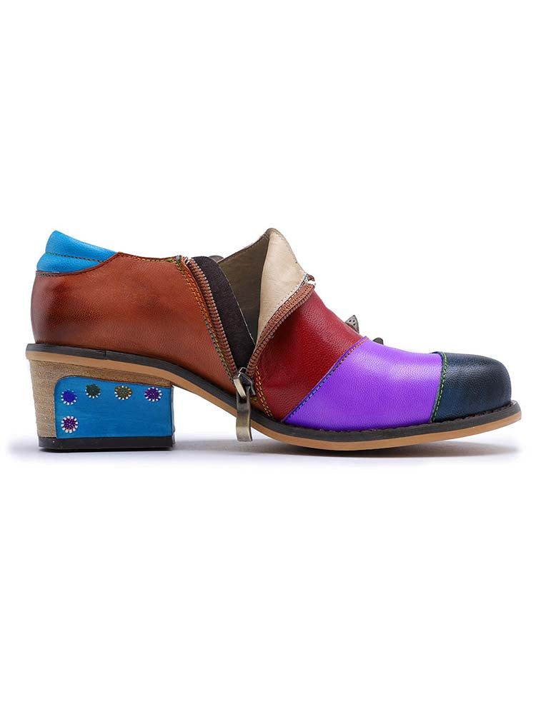 Retro Flowers Splicing Genuine Leather Flat Shoes – product view 3