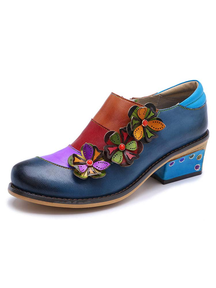 Retro Flowers Splicing Genuine Leather Flat Shoes – product view 1