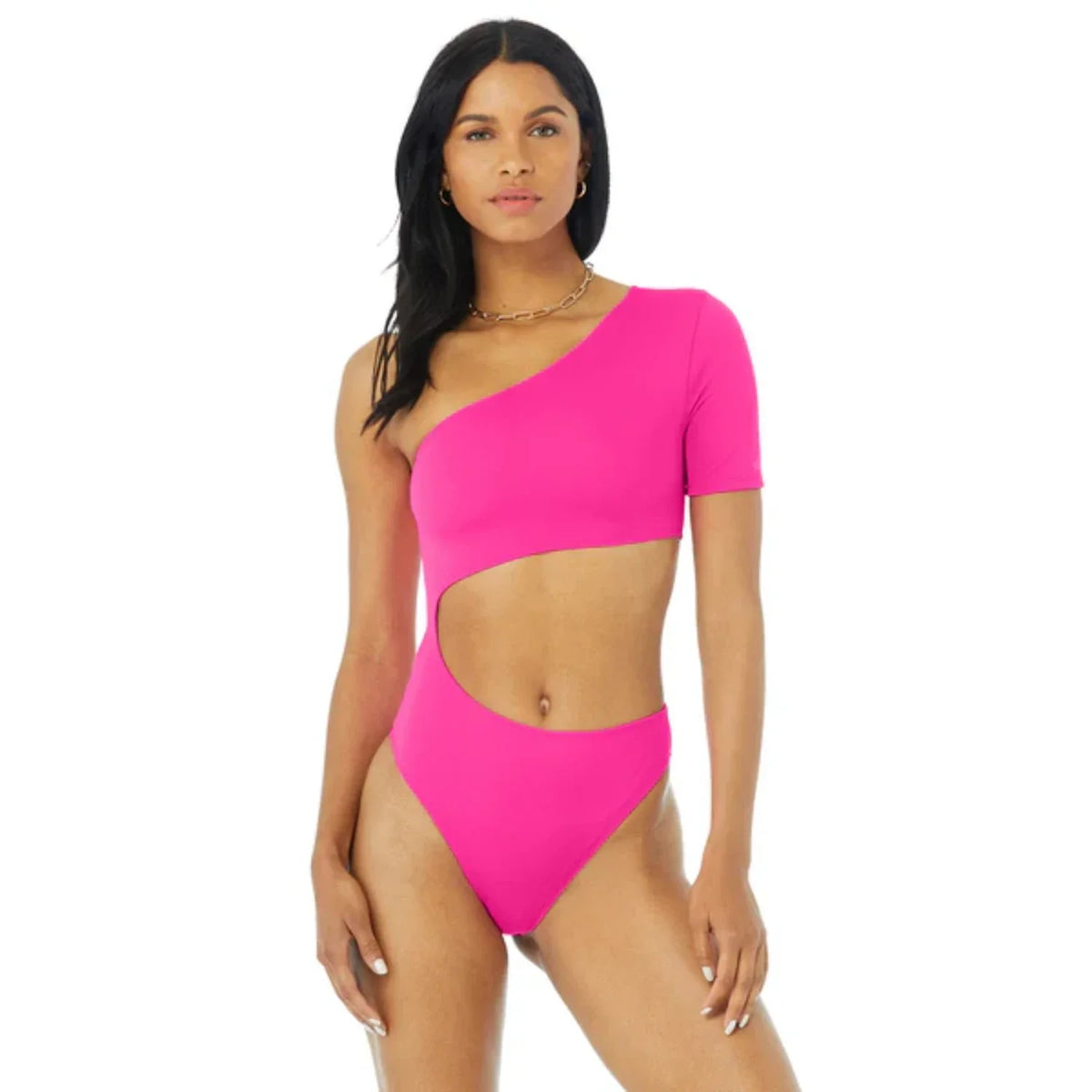 Alo Yoga Body Wave Cutout One-Shoulder Womens Bodysuits — Neon Pink