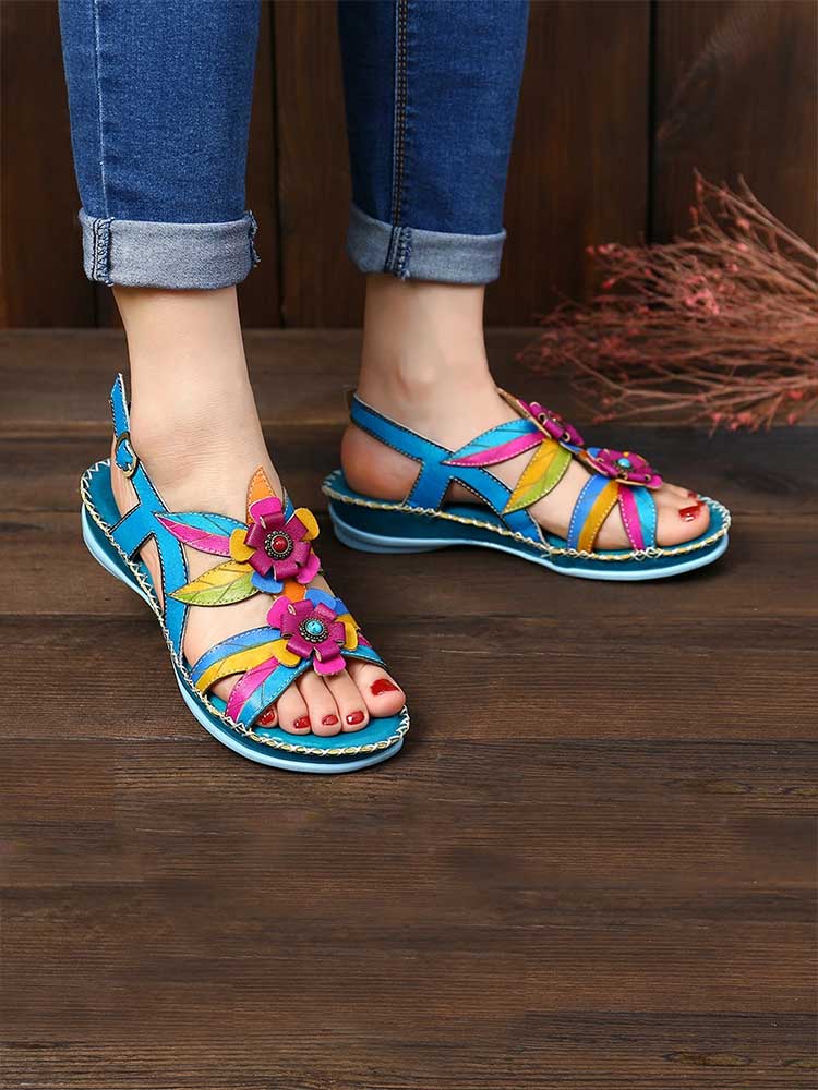 Vintage Embossing Flowers Leather Stitching Sandals – product view 15