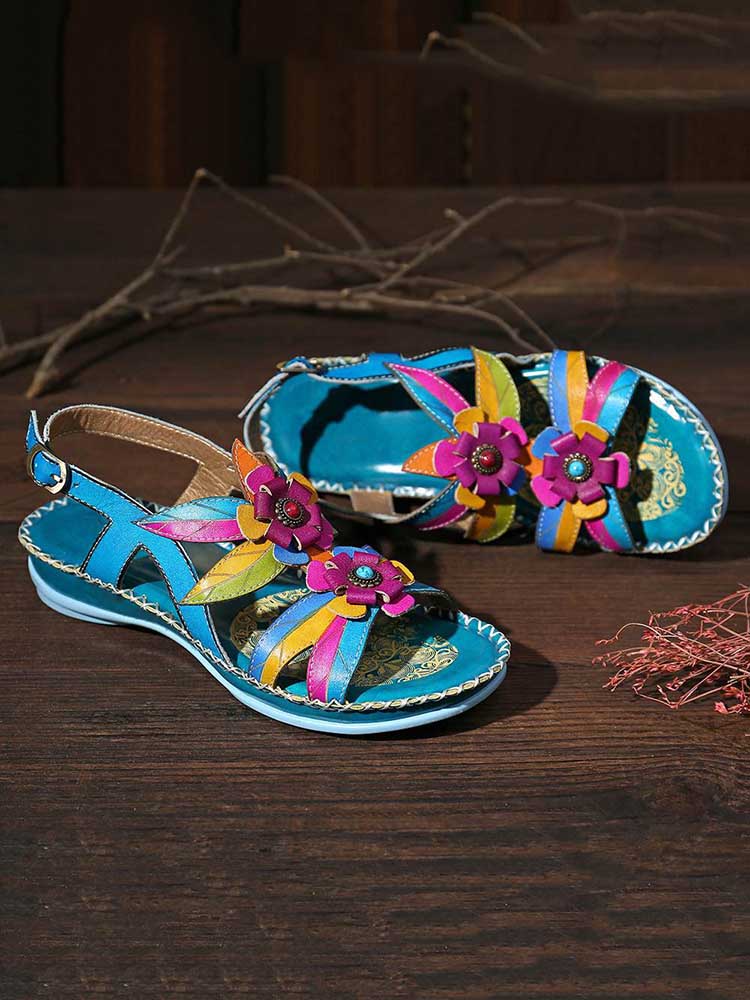 Vintage Embossing Flowers Leather Stitching Sandals – product view 13