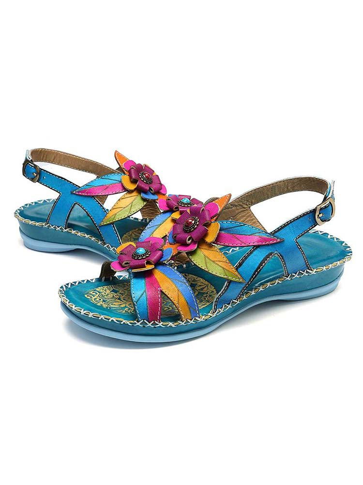 Vintage Embossing Flowers Leather Stitching Sandals – product view 7