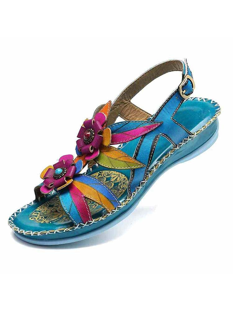 Vintage Embossing Flowers Leather Stitching Sandals – product view 5