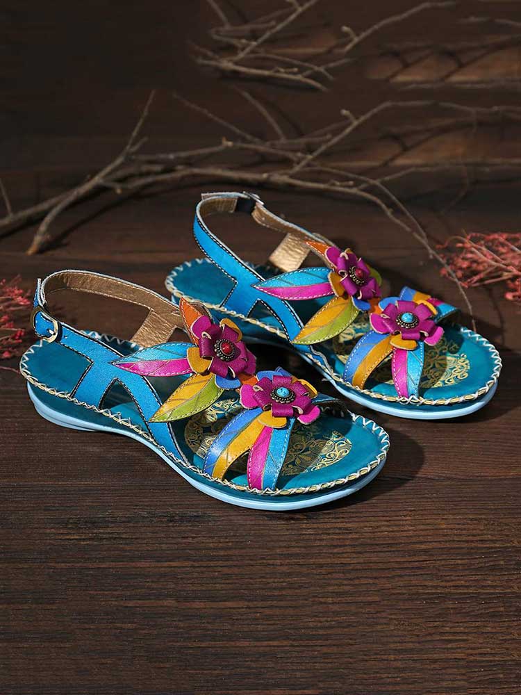 Vintage Embossing Flowers Leather Stitching Sandals – product view 11