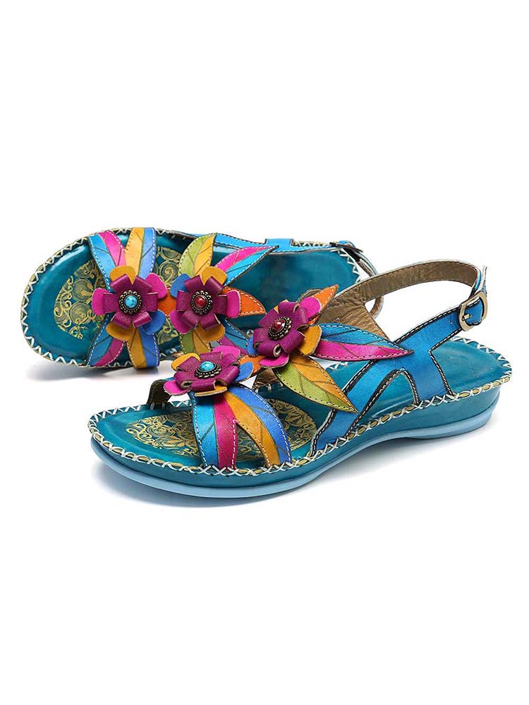 Vintage Embossing Flowers Leather Stitching Sandals – product view 3