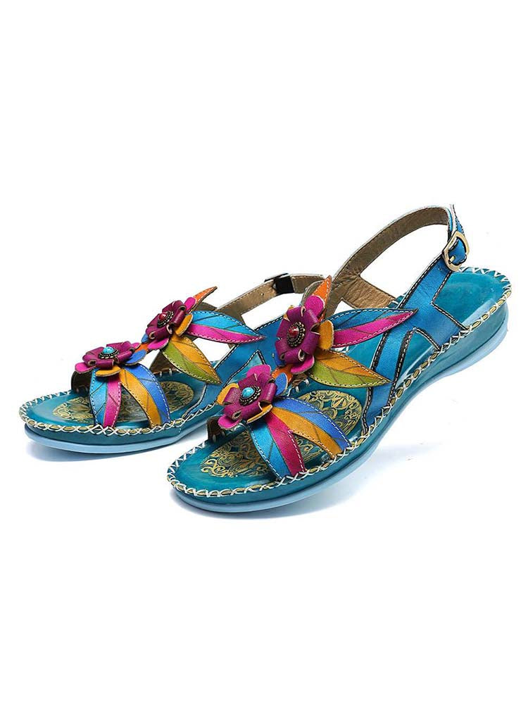Vintage Embossing Flowers Leather Stitching Sandals – product view 4