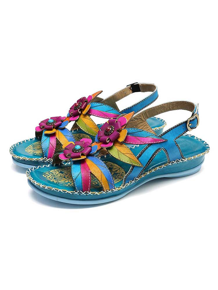 Vintage Embossing Flowers Leather Stitching Sandals – product view 2