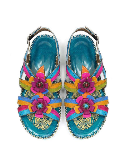 Vintage Embossing Flowers Leather Stitching Sandals