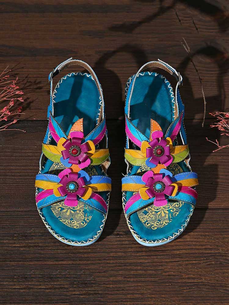 Vintage Embossing Flowers Leather Stitching Sandals – product view 12